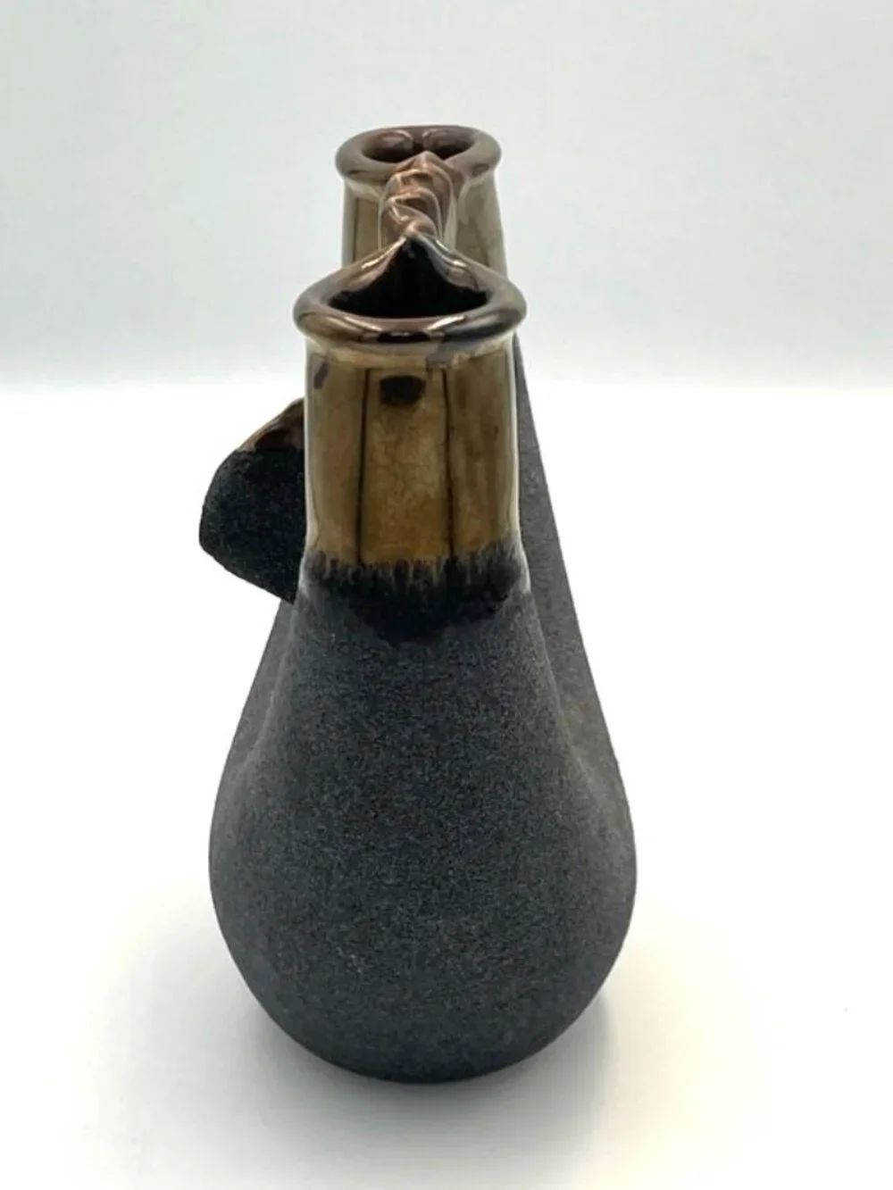 Vtg Raku Ceramic Pottery‎ Vase Textured Matte Black Base & Metallic Glazed Rim